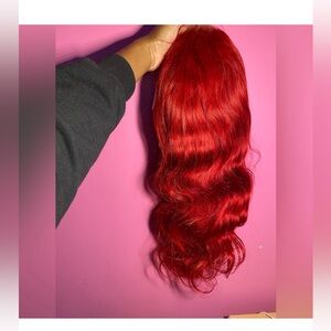 22” Red Silky Wavy Frontal Wig – 100% Human Hair – 180% Density